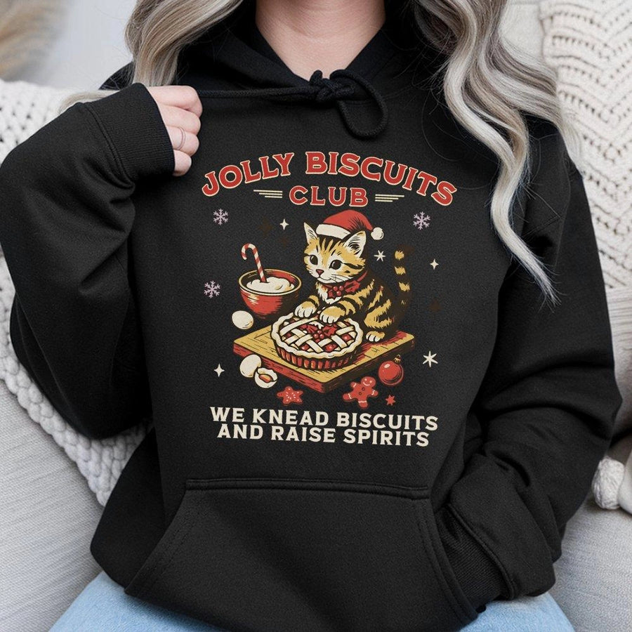 Christmas Cat Baking Hoodie | Jolly Biscuits Club Graphic Print | Premium Cotton Blend | Funny Holiday Sweatshirt Gift for Cat Lovers