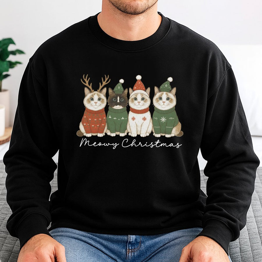 Meowy Christmas Cat Sweatshirt | Festive Reindeer Kitties Graphic | Premium Cotton Blend | Funny Holiday Gift for Cat Lovers
