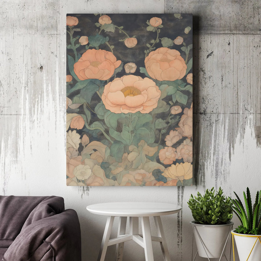 Vintage Floral Peony Canvas Wall Art | Muted Peach and Sage Botanical Print | Premium Gallery Wrap Decor | Nature-Inspired Home Gift