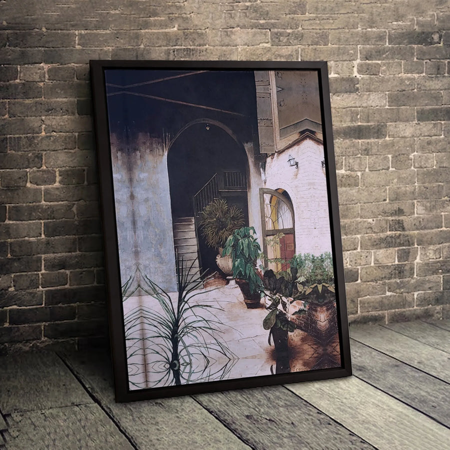 Rustic Courtyard Wall Art | Mediterranean Garden Oil Painting Style | Premium Gallery Wrap Canvas | Vintage Home Decor Gift