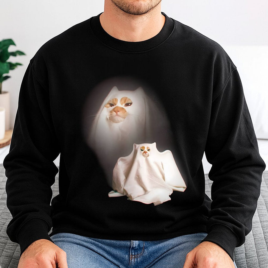 Ghost Cat Sweatshirt | Funny Meme Kitten Graphic | Soft Cotton-Poly Blend | Unisex Gift for Cat Lovers and Humorous Aesthetic