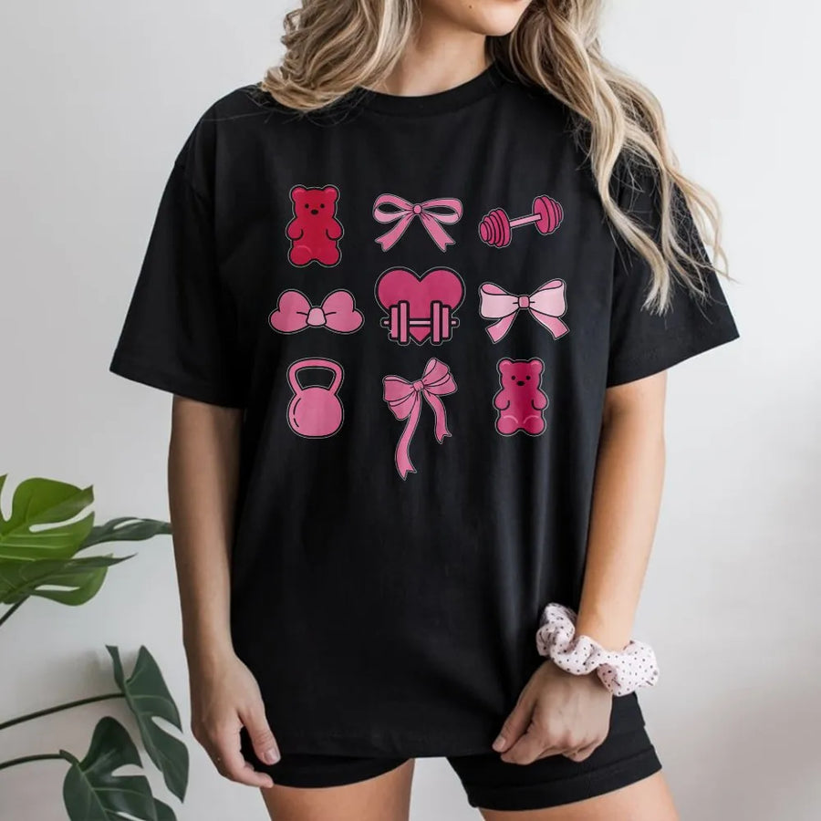 Pink Bow Gym T-Shirt | Aesthetic Gummy Bear Weightlifting Design | Premium Cotton Graphic Tee | Cute Fitness Gift for Women & Girls