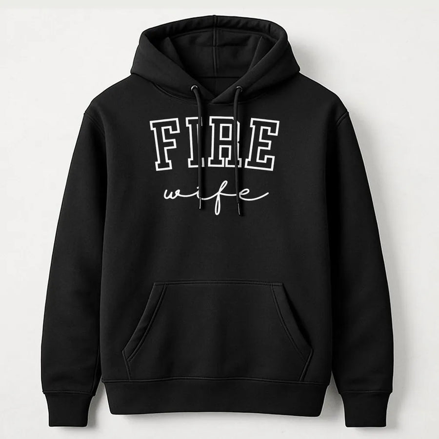 Fire Wife Hoodie | Bold Collegiate & Script Font Design | Cozy Cotton Blend Pullover | Proud Gift for New Firefighter Spouse