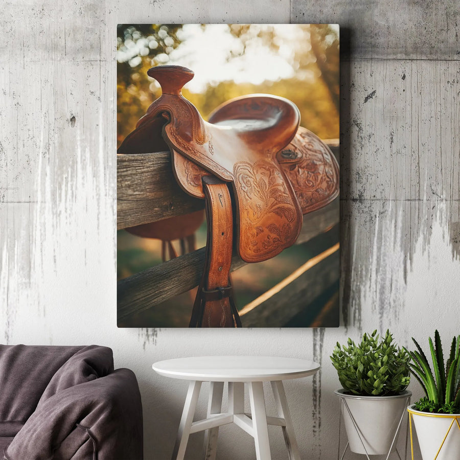 Western Horse Saddle Canvas Print | Rustic Tooled Leather Ranch Decor | Premium 1.25-inch Gallery Wrap | Gift for Equestrian Cowboy Lovers
