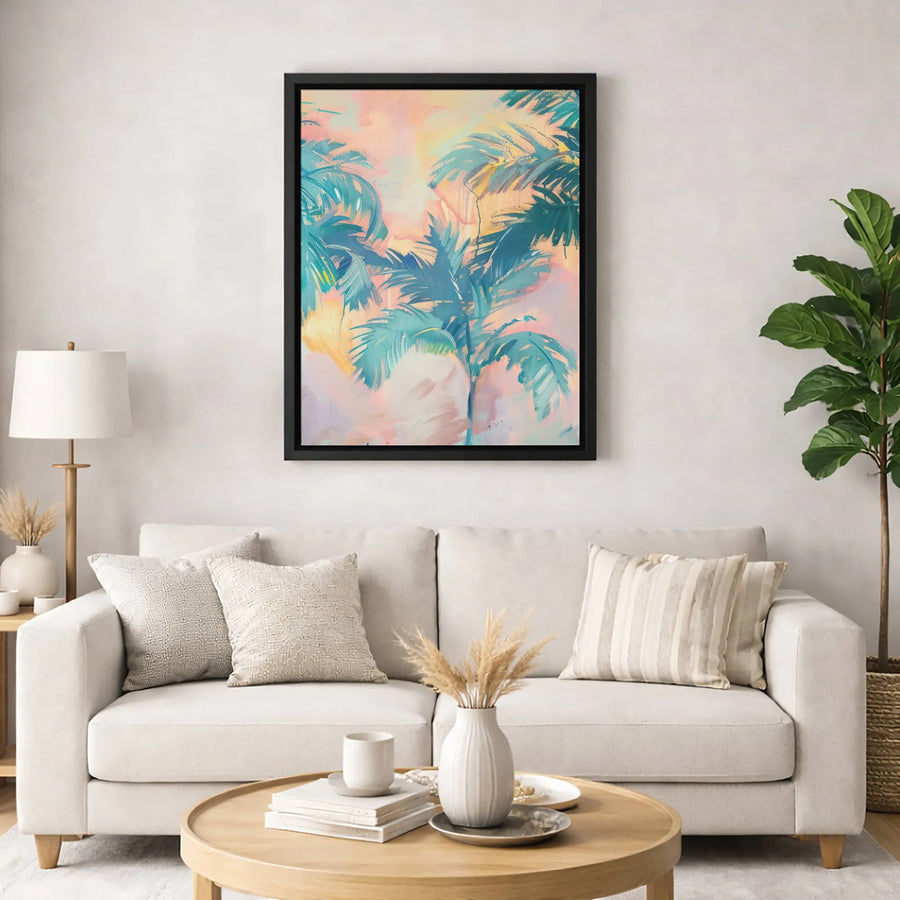 Abstract Tropical Palm Tree Canvas Art | Pink and Teal Coastal Wall Decor | Premium Gallery Wrap Print | Modern Beach House Living Room Gift