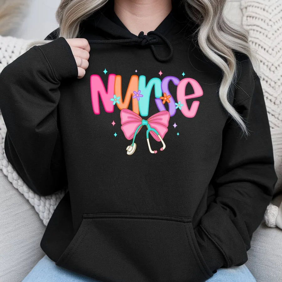 Nurse Hoodie | Preppy Bow Stethoscope Graphic | Premium Cotton Blend | Gift for Registered Nurse, Nursing Student, Graduation Present