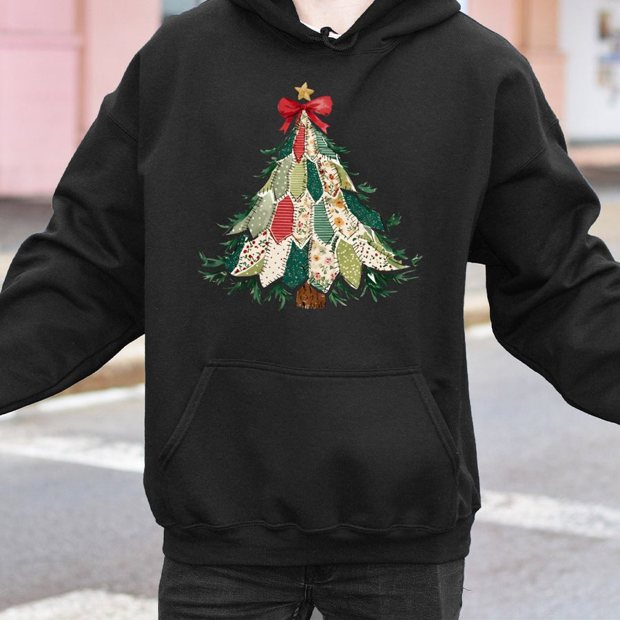 Christmas Patchwork Tree Hoodie | Quilted Style Holiday Graphic | Premium Cotton Blend | Cozy Festive Gift for Women & Men