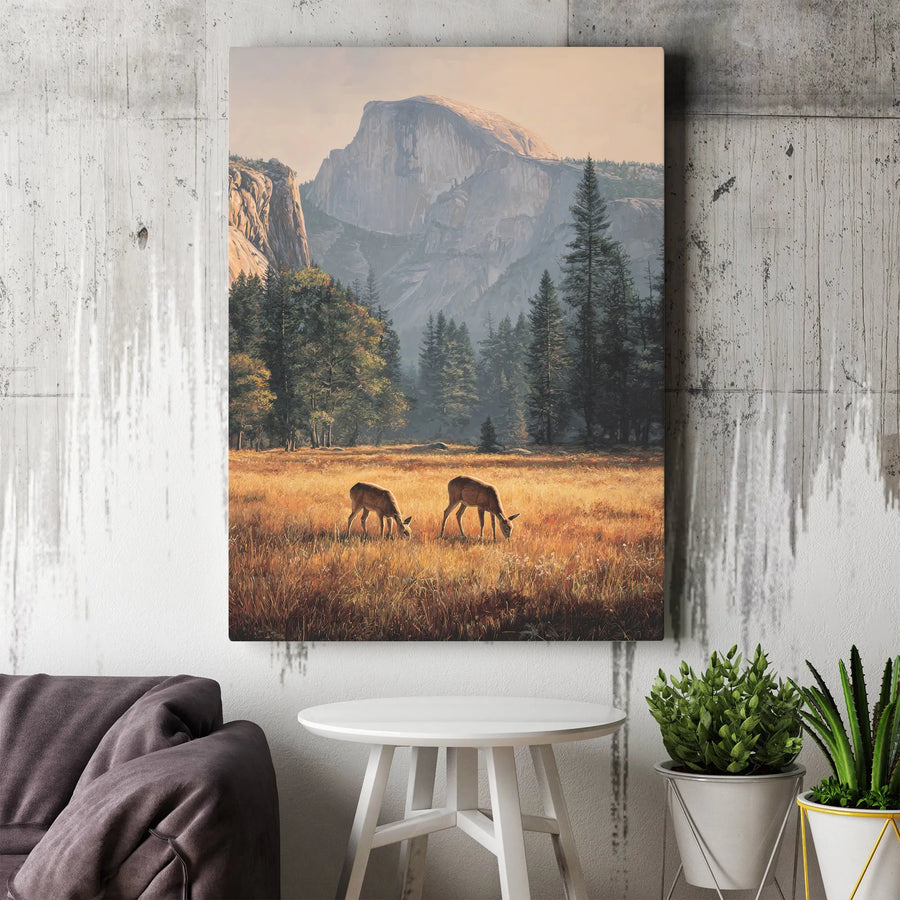 Yosemite National Park Canvas Wall Art | Half Dome with Grazing Deer | Premium Thick Gallery Wrap Print | Nature Lover Cabin Decor Gift