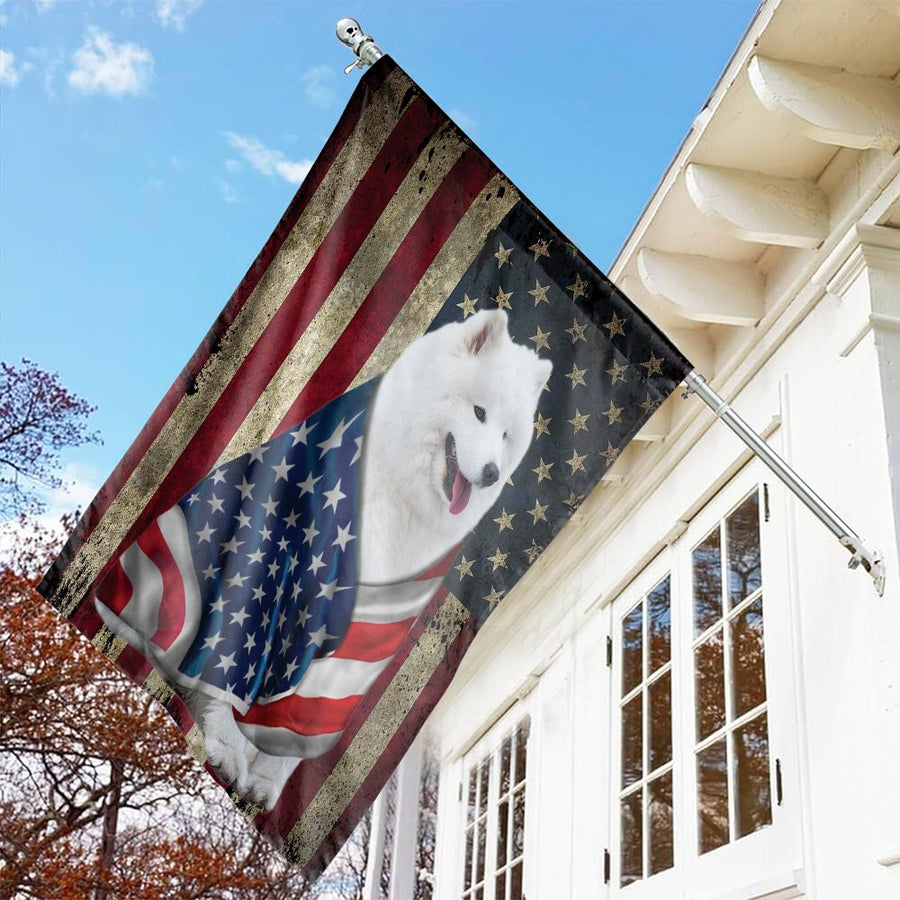 Samoyed Garden Flag | Vintage American Flag Patriotic Dog Decor | Weather-Resistant Polyester | Gift For Samoyed Dog Lovers