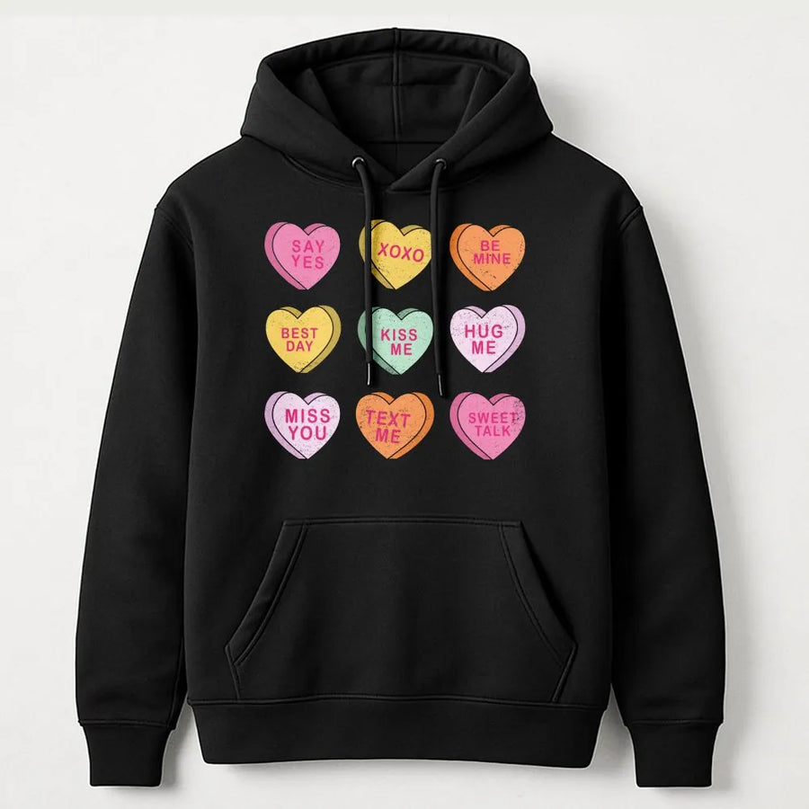 Conversation Hearts Hoodie | Pastel Candy Heart Valentine Design | Premium Soft Cotton Blend | Cute Aesthetic Valentines Day Gift For Her