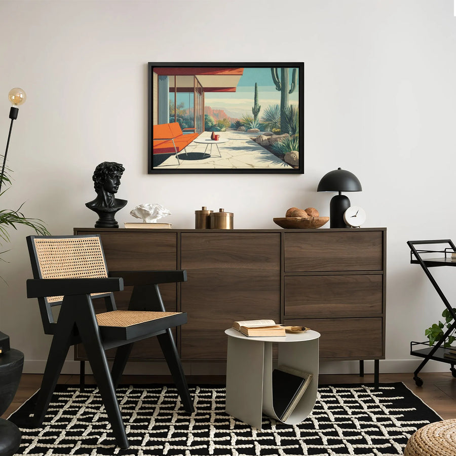Mid-Century Modern Desert Canvas Art | Orange Sofa Saguaro Cactus Print | 1.25-Inch Gallery Wrap | Southwestern Home Decor for Living Room