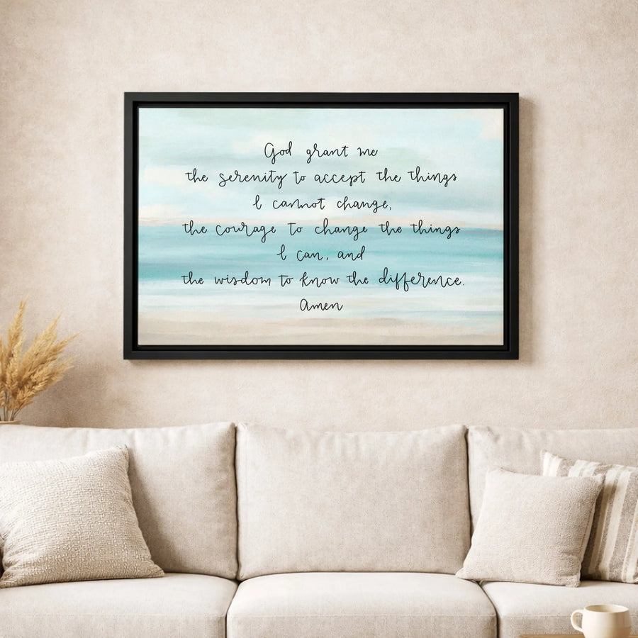 Serenity Prayer Wall Art | Coastal Watercolor Beach Landscape | Premium Gallery Wrapped Canvas | Inspirational Christian Gift for Home Decor