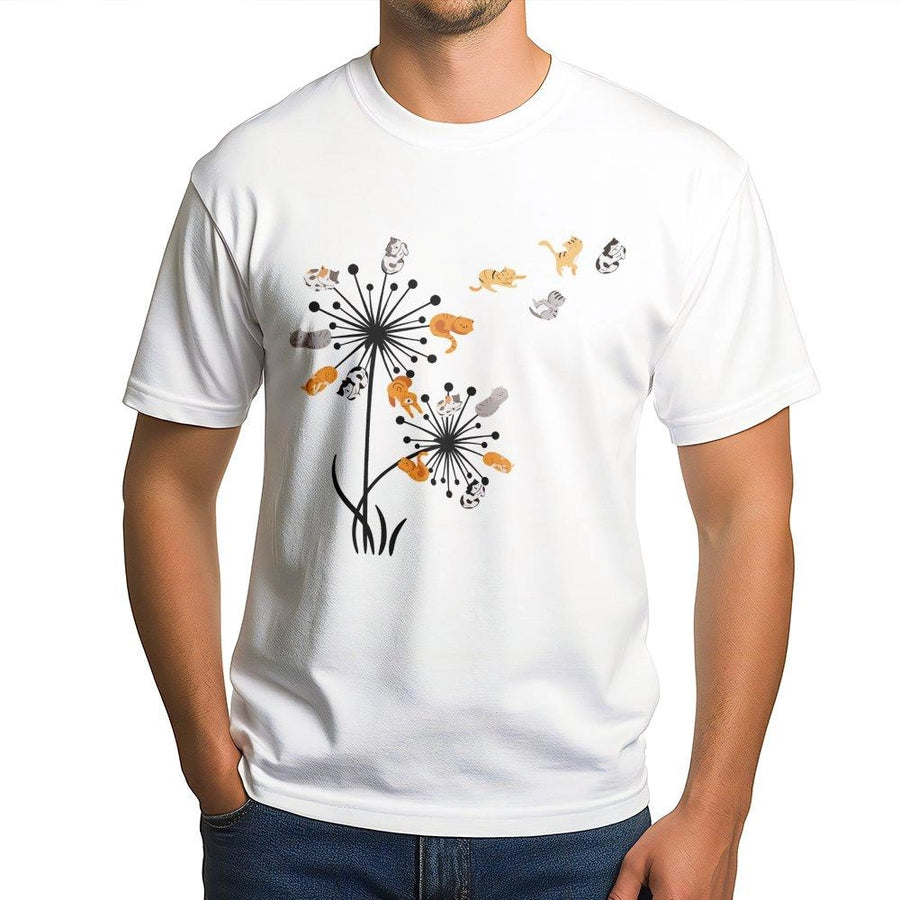 Cat Dandelion Graphic T-Shirt | Whimsical Floral Kitten Design | 100% Premium Soft Cotton | Cute Cat Lover Gift For Women And Men