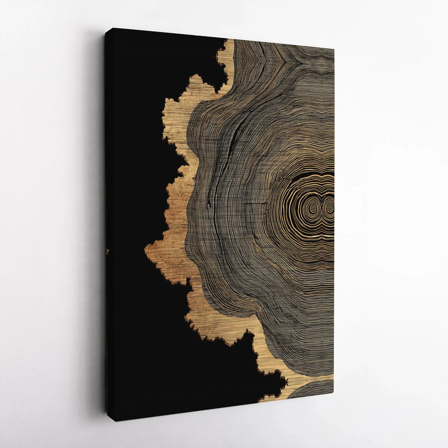 Modern Tree Ring Canvas Print | Gold and Black Abstract Wood Grain Art | Premium Gallery Wrapped Canvas | Modern Office & Living Room Decor