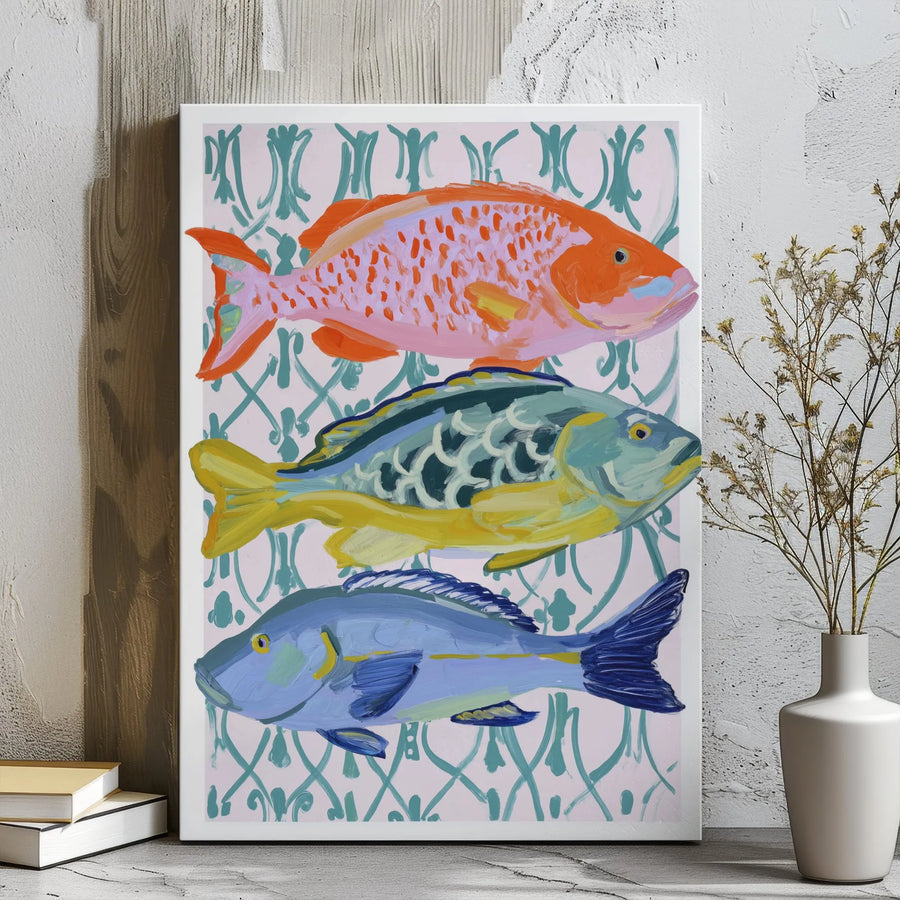 Coastal Fish Wall Art Canvas | Colorful Painterly Marine Trio Print | Premium 1.25" Gallery Wrap | Nautical Home Decor Gift for Beach House