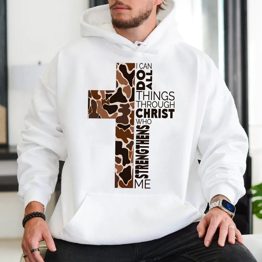 Philippians 4:13 Hoodie | Camo Cross Graphic Sweatshirt | Premium Cotton-Poly Blend | Religious Faith Gift for Men and Women
