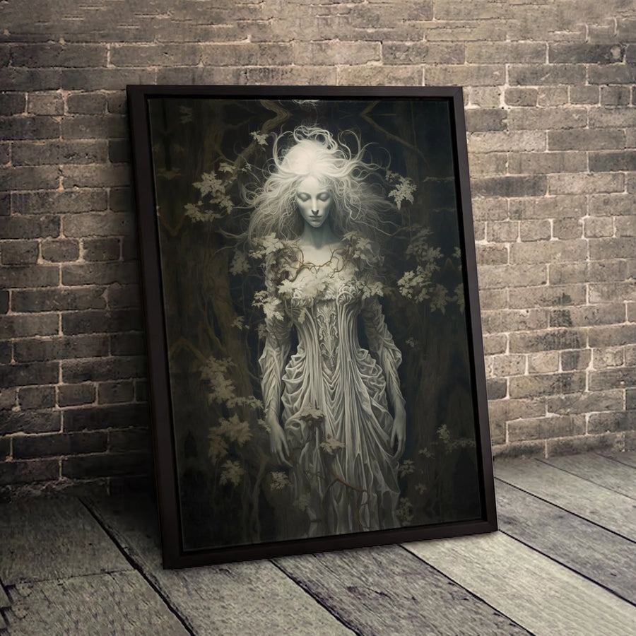 Gothic Forest Spirit Canvas Wall Art | Ethereal White Haired Woman Portrait | Premium Fade-Resistant Gallery Wrap | Dark Fantasy Home Decor Gift