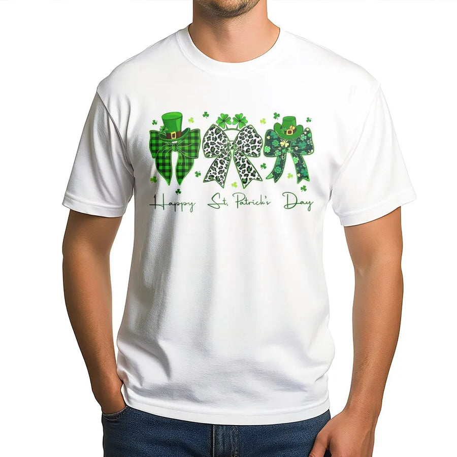 St. Patrick's Day Coquette Bow T-Shirt | Trendy Shamrock Clover Graphic | 100% Cotton Premium Comfort | Lucky Irish Gift for Women and Girls