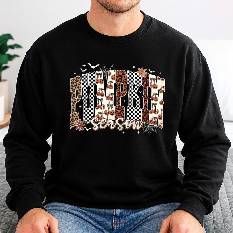 Pumpkin Season Sweatshirt | Leopard Print Checkered Fall Graphic | Soft Cotton-Poly Blend | Trendy Halloween Thanksgiving Gift for Her