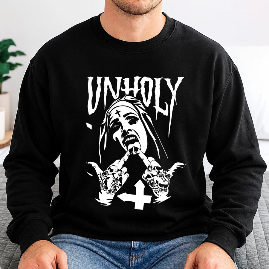 Unholy Nun Graphic Sweatshirt | Edgy Gothic Skull Aesthetic | Premium Cotton Blend | Alternative Y2K Grunge Gift For Women And Men