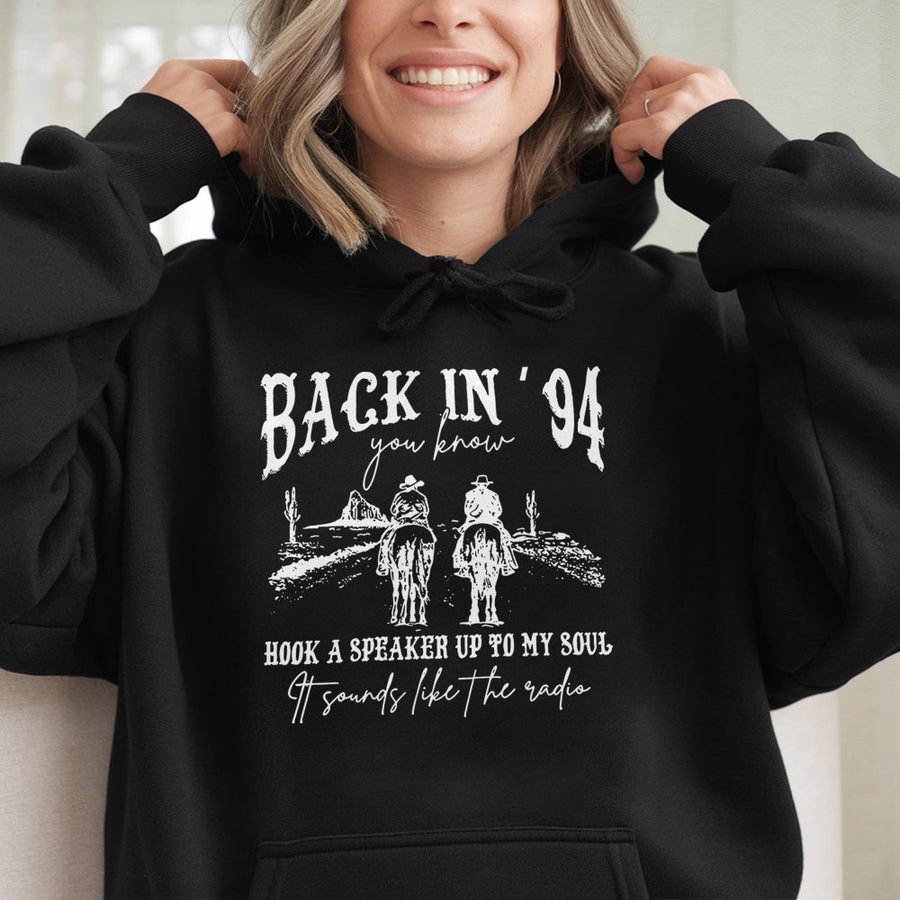 Back In 94 Country Music Hoodie | Vintage Western Cowboy Graphic | Soft Cotton-Polyester Blend | Trendy Gift For Country Music Lovers