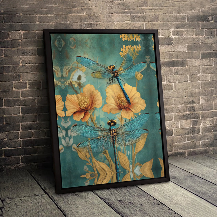 Dragonfly Wall Art Canvas | Vintage Teal and Yellow Floral Print | Gallery Quality Stretched Decor | Nature Inspired Gift for Home