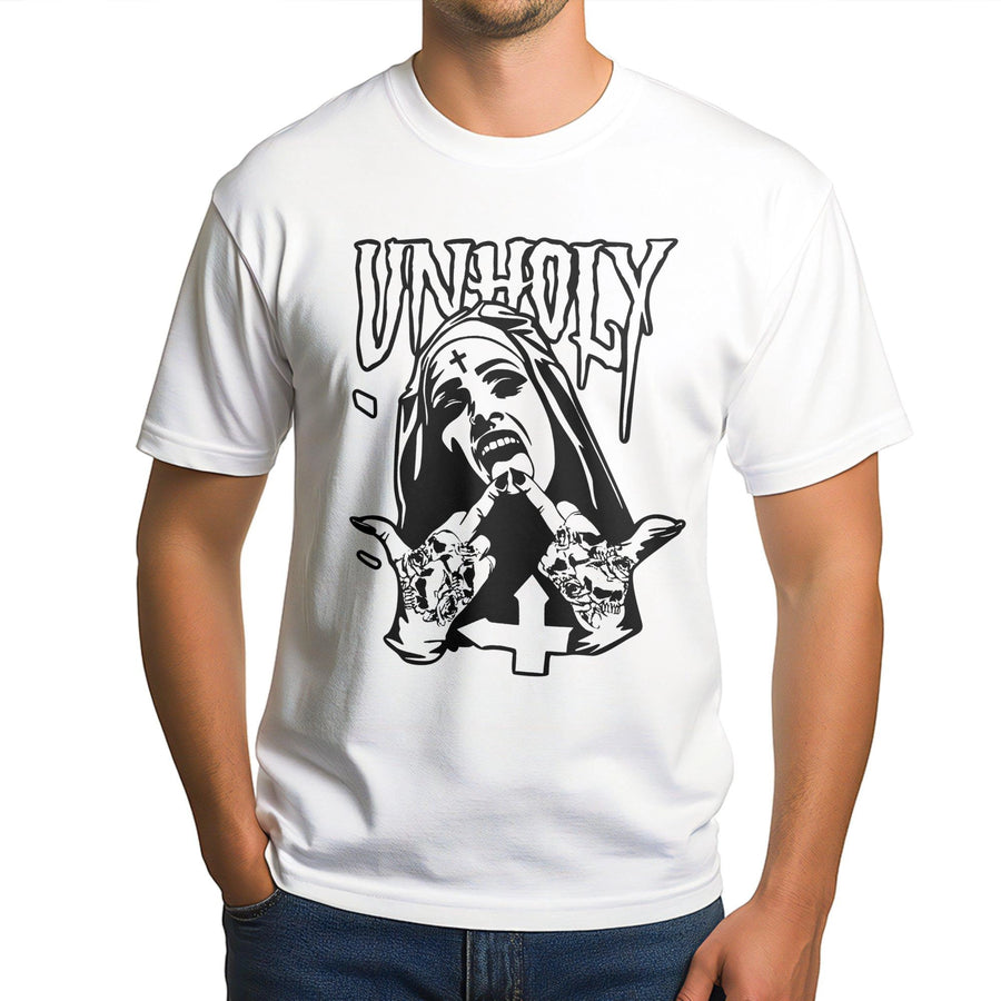 Unholy Nun Graphic T-Shirt | Edgy Gothic Streetwear | Premium 100% Cotton Tee | Dark Alt Aesthetic Gift for Men and Women
