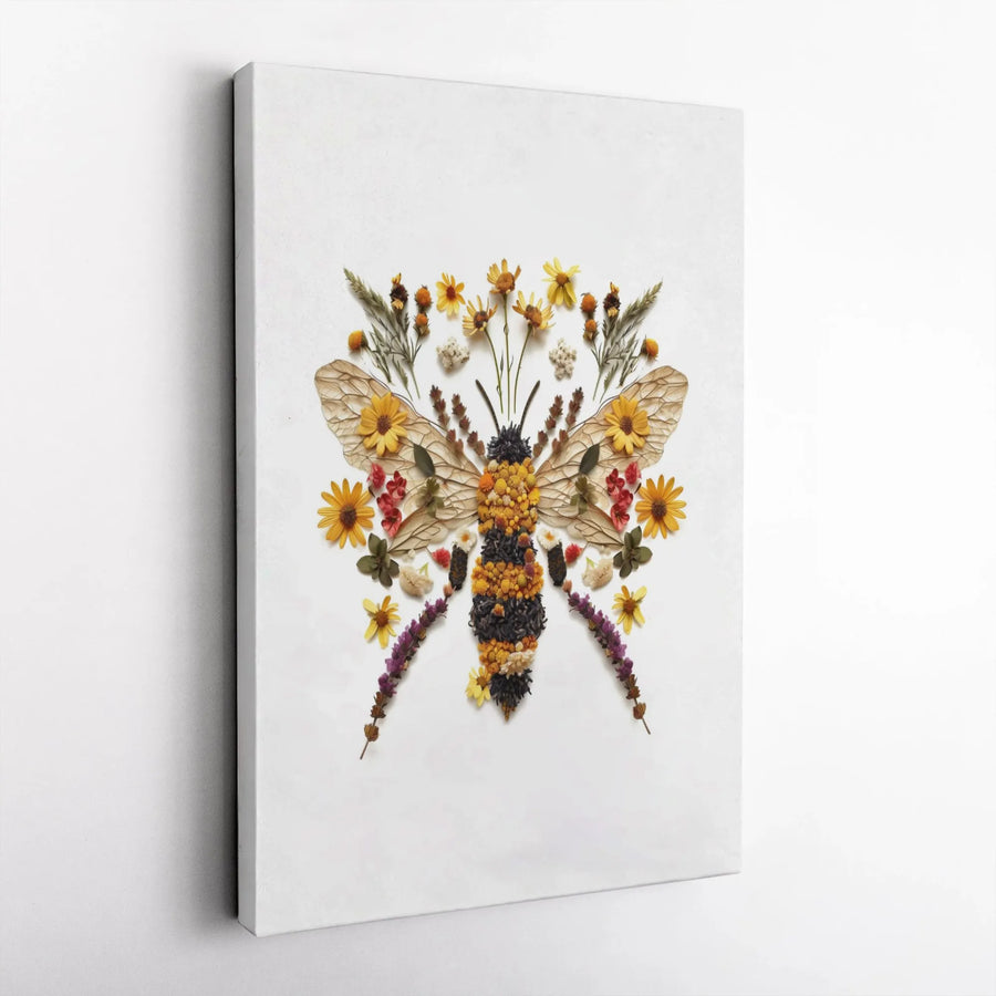 Pressed Flower Bee Canvas Wall Art | Botanical Honeybee Floral Print | 1.25-Inch Gallery Wrap | Nature-Inspired Home Decor Gift