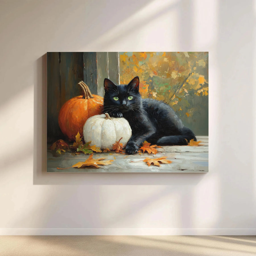 Black Cat Wall Art | Autumn Pumpkin Harvest Painting | Premium Gallery Wrap Canvas | Fall Home Decor Gift for Cat Lovers