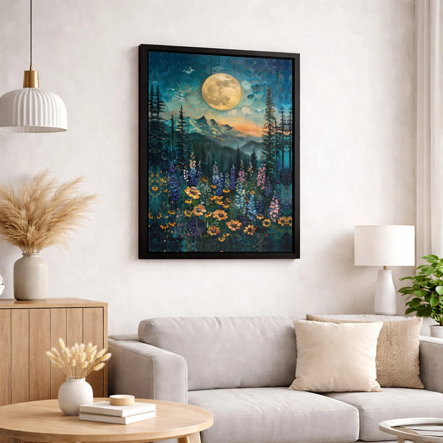 Full Moon Mountain Canvas Wall Art | Impasto Wildflower Meadow Landscape | Gallery-Wrapped Premium Print | Nature-Inspired Home Decor Gift