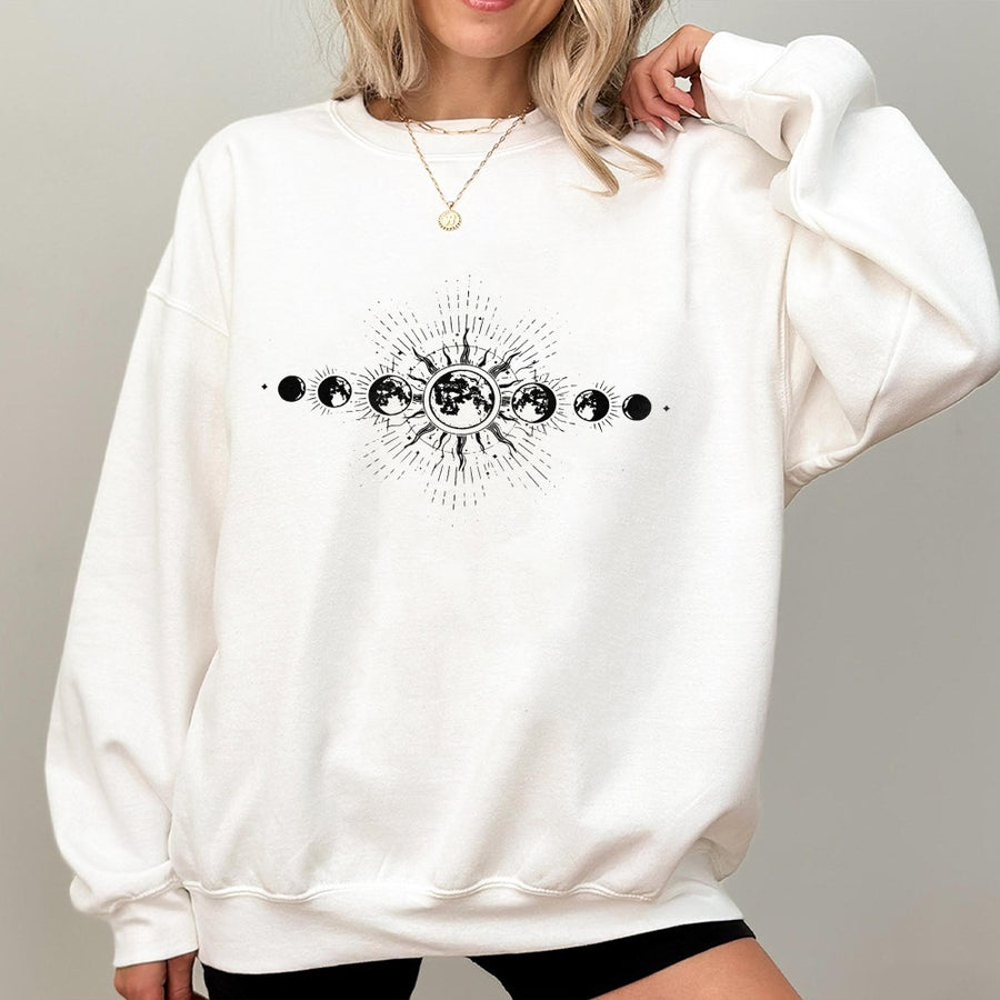 Mystical Moon Phase Sweatshirt | Celestial Sun and Star Graphic | Soft Cotton Blend Crewneck | Boho Witchy Aesthetic Gift for Her