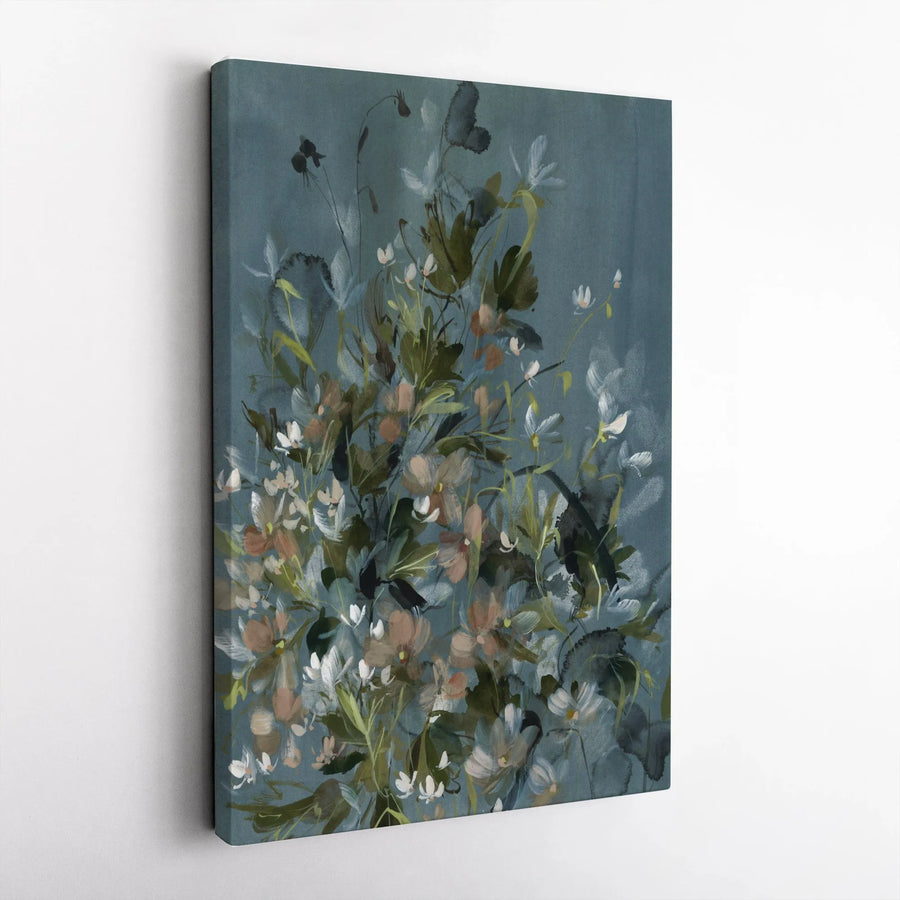 Abstract Wildflower Vertical Canvas | Dark Teal Floral Painting | Premium Gallery Wrapped Wall Art | Modern Minimalist Living Room Decor Gift