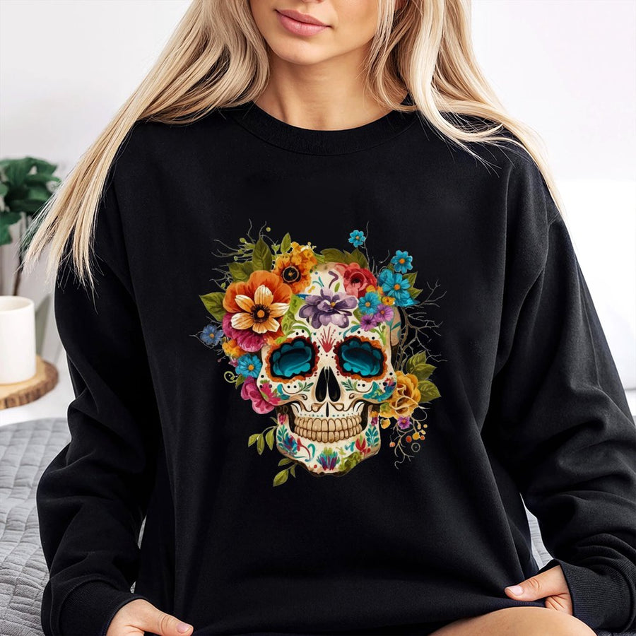 Sugar Skull Sweatshirt | Floral Dia De Los Muertos Graphic | Premium Cotton Blend | Boho Artistic Gift for Women and Men