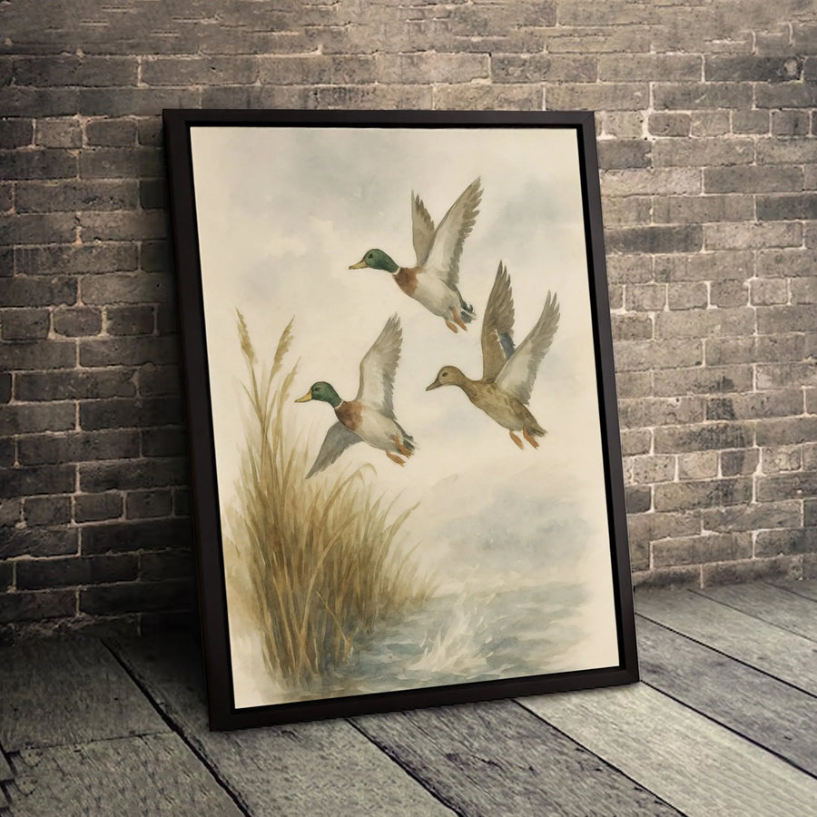 Mallard Duck Canvas Wall Art | Watercolor Flying Ducks Print | Gallery Wrap 1.25 Inch Profile | Rustic Nature Decor for Hunting Lodge Gift