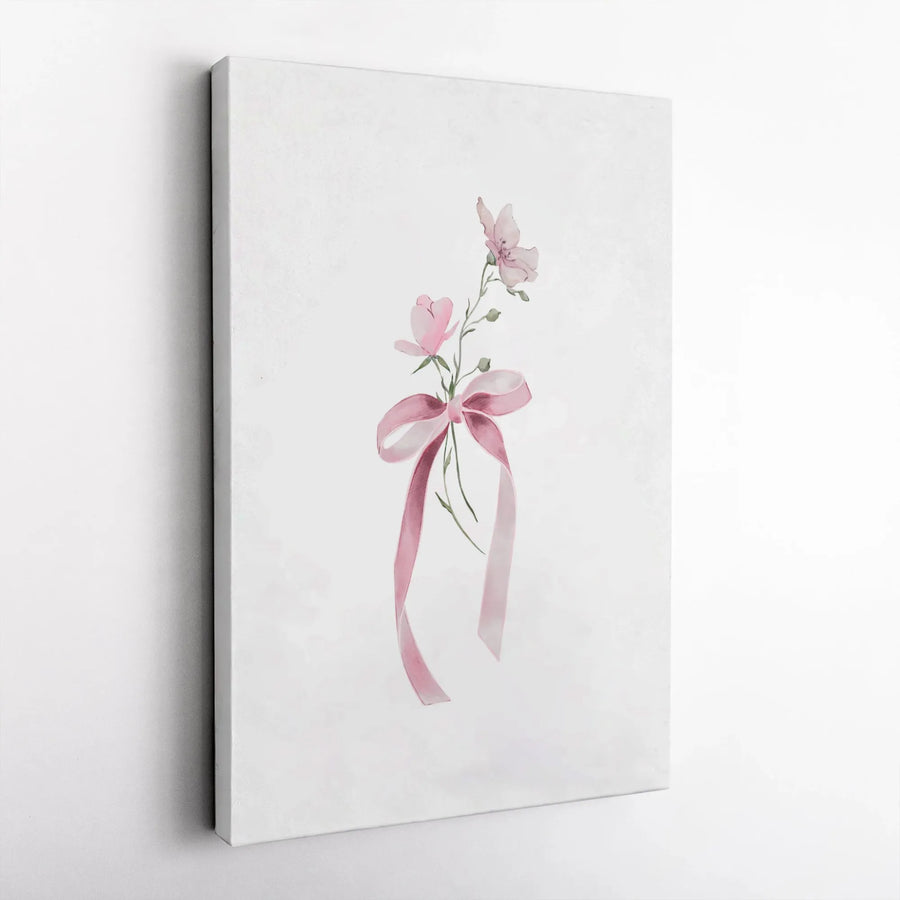 Pink Flower Wall Art | Watercolor Floral Print with Ribbon Bow | Premium Gallery Wrapped Canvas | Minimalist Botanical Home Decor Gift