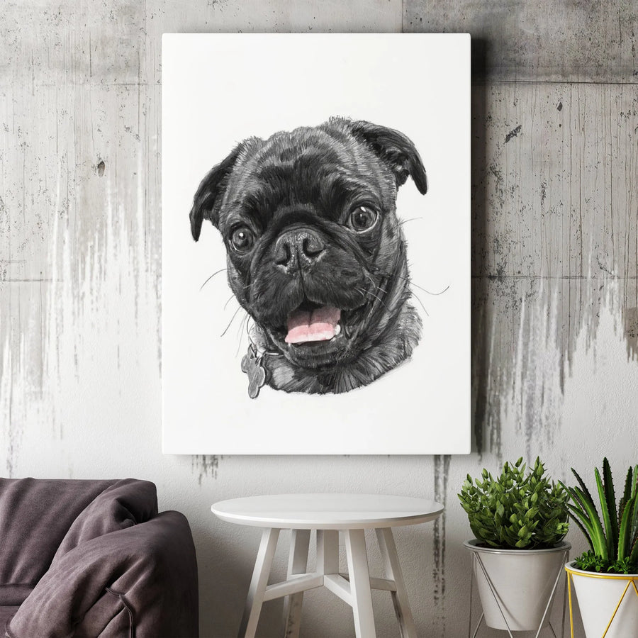 Black Pug Portrait Wall Art | Realistic Pencil Sketch Print | Gallery-Quality Canvas Decor | Dog Lover Gift For Home Office