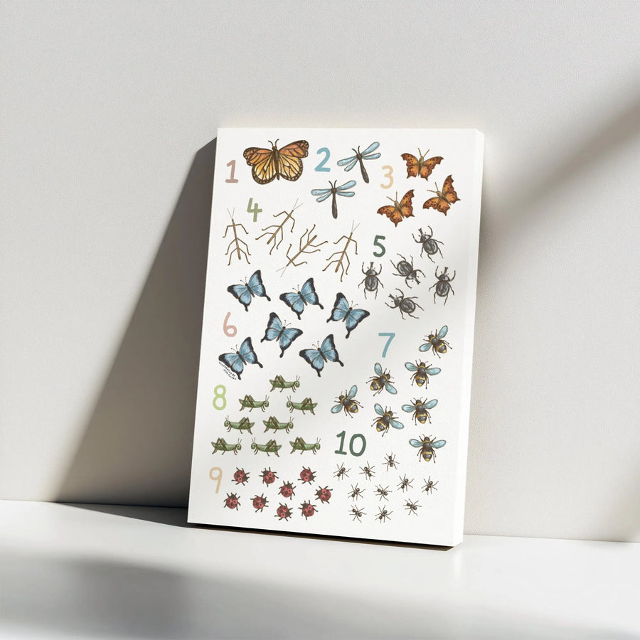 Educational Insect Counting Chart | Watercolor Bug Wall Art | Premium Gallery Wrap Canvas | Nursery Decor for Kids Learning