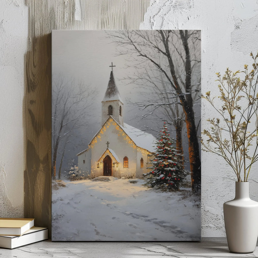 Snowy Country Church Canvas | Christmas Winter Landscape Wall Art | Gallery Wrapped Premium Decor | Ready to Hang Holiday Home Gift