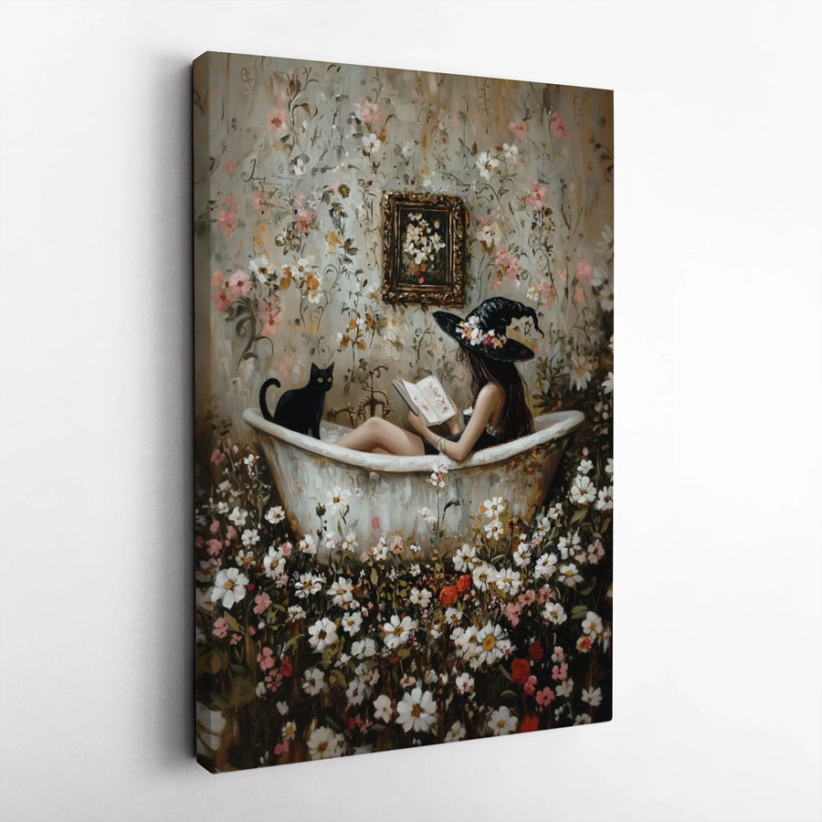Floral Witch Canvas Print | Black Cat Reading in Flower Bathtub Art | Vintage Oil Painting Style | Cottagecore Home Decor Gift