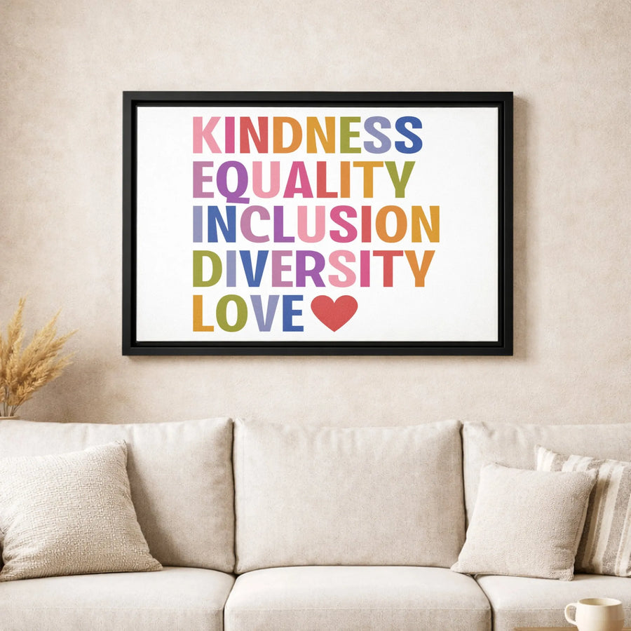 Kindness Equality Inclusion Diversity Love Canvas Wall Art | Colorful Motivational Quote Print | Premium 1.25" Gallery Wrap | Inspirational Office Decor