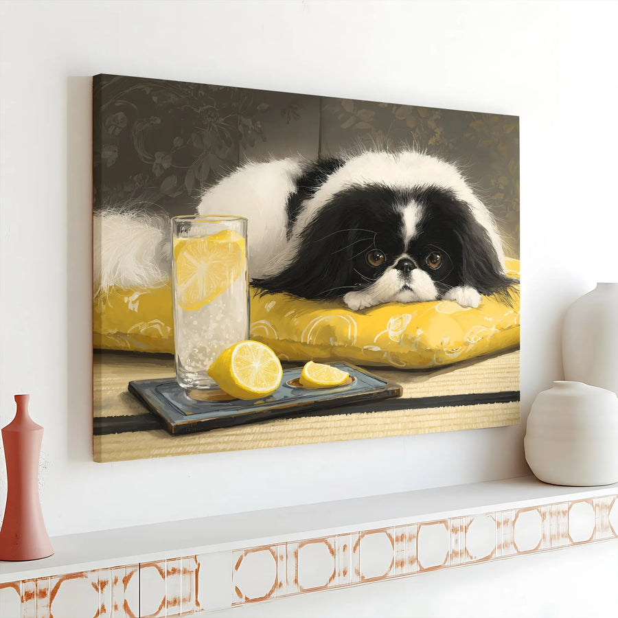 Japanese Chin Dog Canvas Wall Art | Cute Pet Portrait With Lemonade | Premium Gallery Wrap Print | Whimsical Home Decor Gift For Dog Lovers