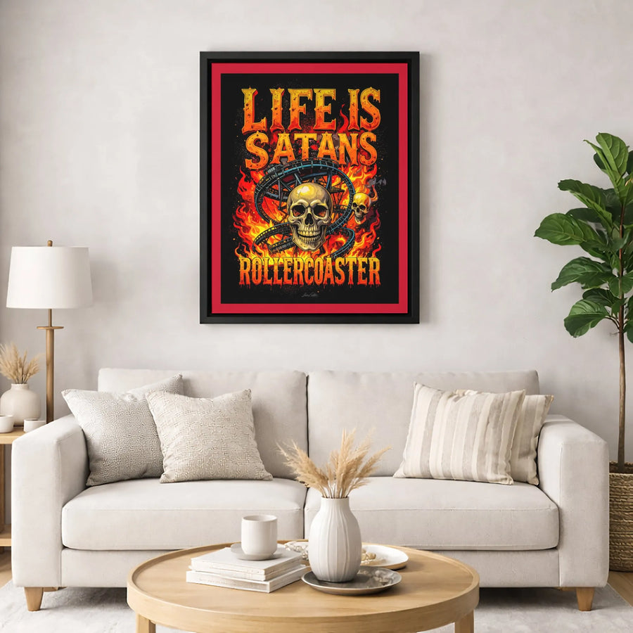 Life Is Satans Rollercoaster Wall Art | Flaming Skull Gothic Poster | 1.25-Inch Premium Gallery Canvas | Edgy Home Decor Gift for Horror Fans