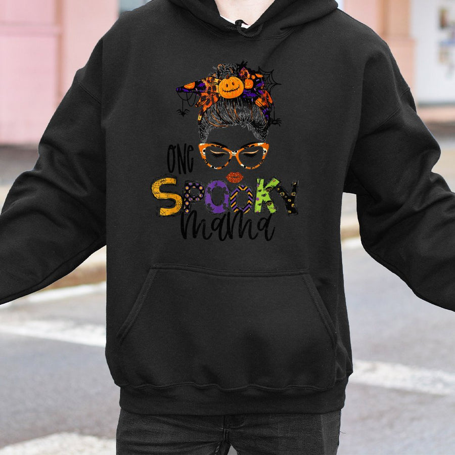 One Spooky Mama Hoodie | Cute Halloween Pumpkin Messy Bun Graphic | Soft Cotton-Polyester Premium Blend | Fall Outfit Gift for Mom