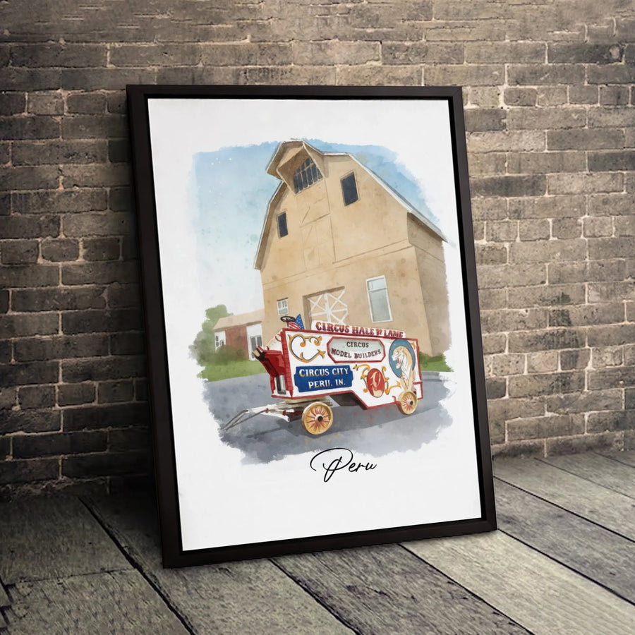 Circus Wagon Watercolor Canvas Art | Vintage Circus City Peru Indiana Illustration | Gallery Wrapped Premium Print | Nostalgic Americana Decor Gift