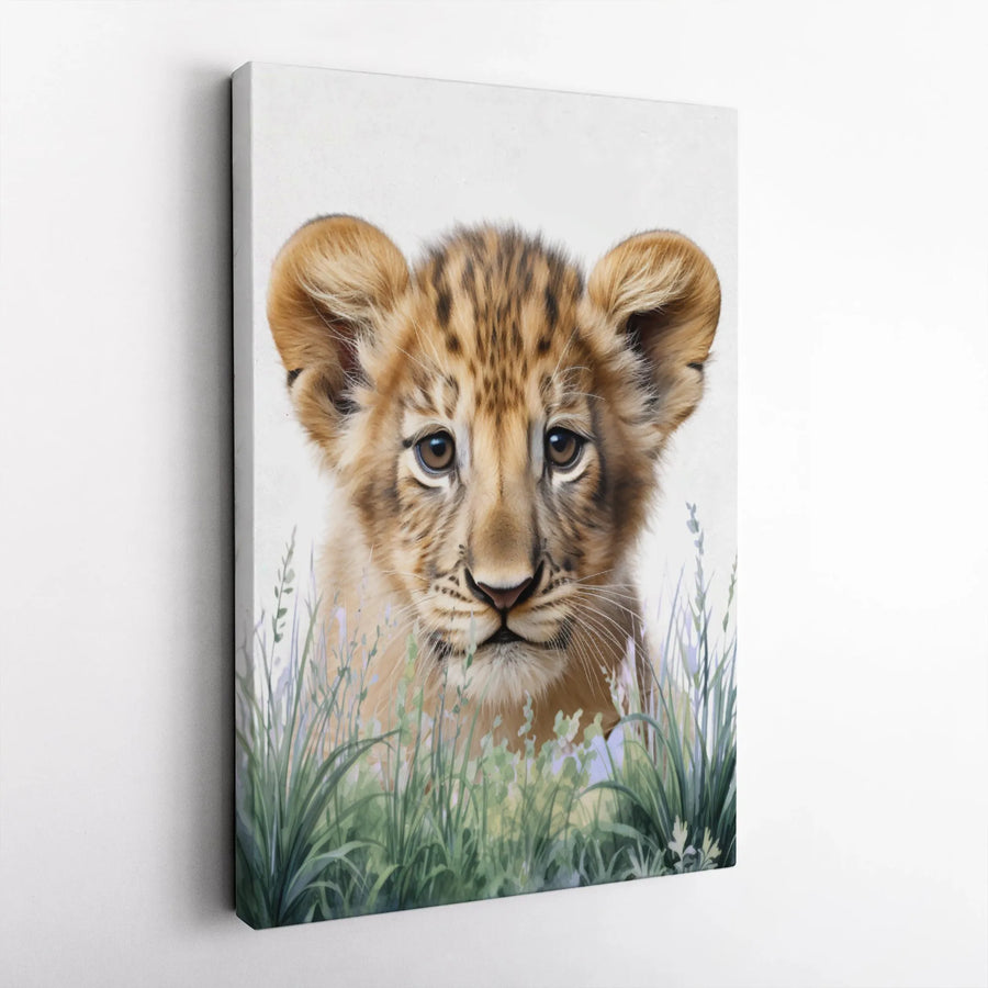 Baby Lion Cub Canvas Wall Art | Watercolor Wildlife Portrait | Premium 1.25" Gallery Wrap | Nursery Decor & Animal Lover Gift