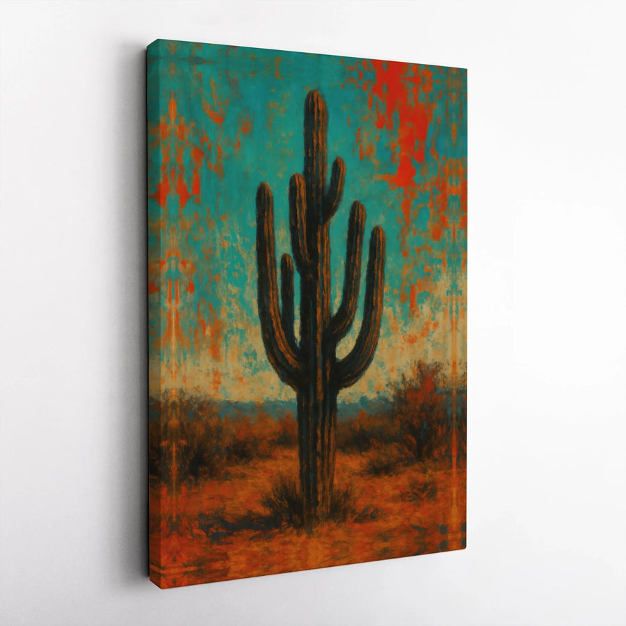 Saguaro Cactus Wall Art | Southwestern Teal and Orange Canvas Print | 1.25 Inch Gallery Wrap | Desert Landscape Gift for Home Decor