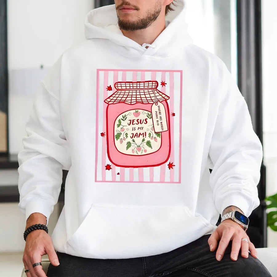 Jesus Is My Jam Hoodie | Cute Strawberry Jam Jar Graphic | Premium Cotton-Blend Sweatshirt | Trendy Christian Faith Gift for Women