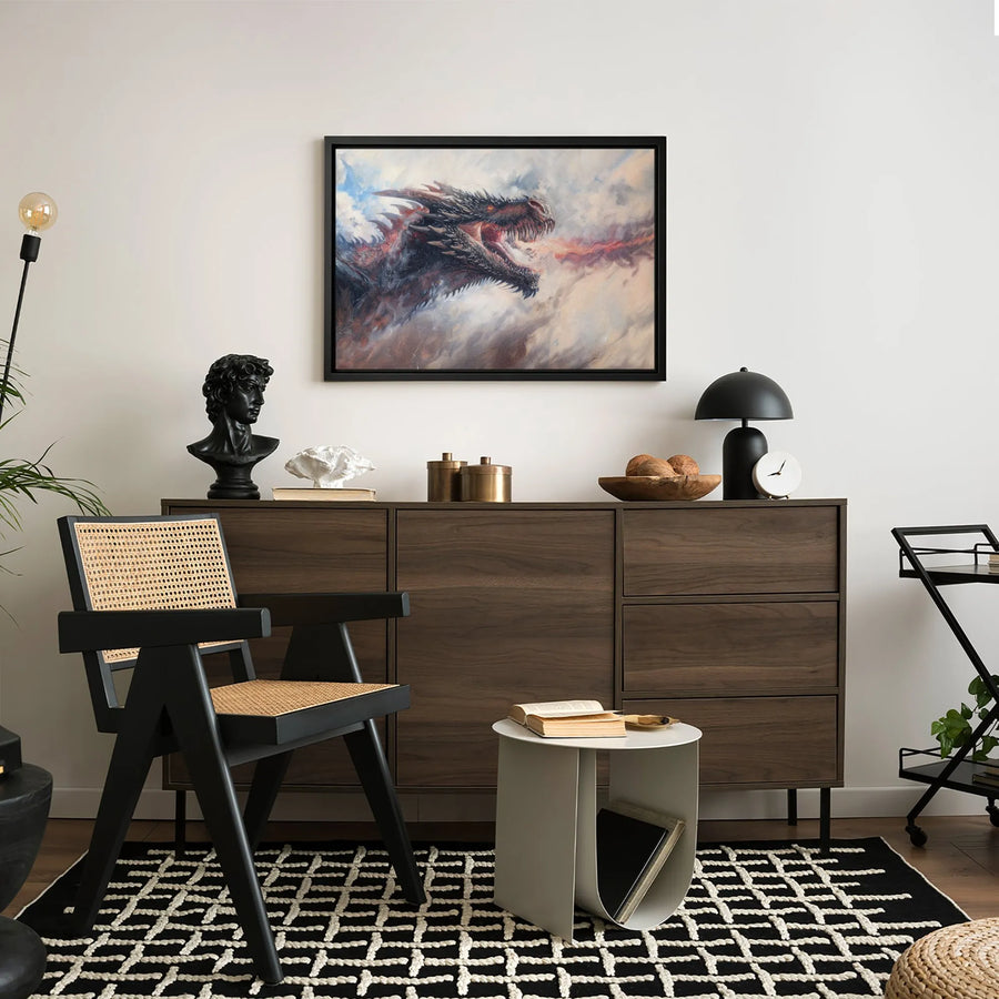 Black Dragon Canvas Art | Ferocious Fire Breathing Fantasy Beast | Premium Gallery-Wrapped Print | Wall Decor Gift for Gamers and Collectors