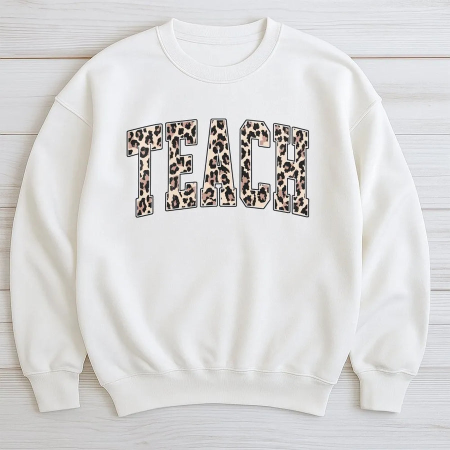 Teach Leopard Print Sweatshirt | Retro Arch Text Design | Cotton-Poly Blend | Teacher Appreciation Gift for Educators