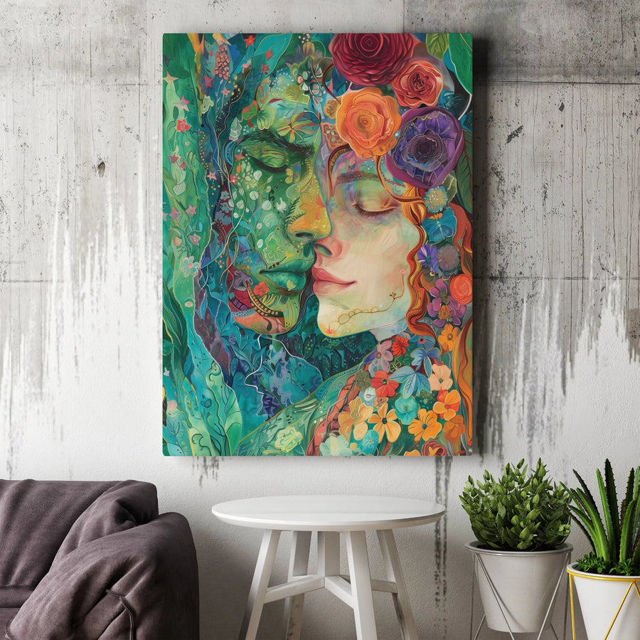 Surreal Floral Couple Canvas Wall Art | Nature Merging Portraits | 1.25" Premium Gallery Wrapped | Romantic Home Decor Gift